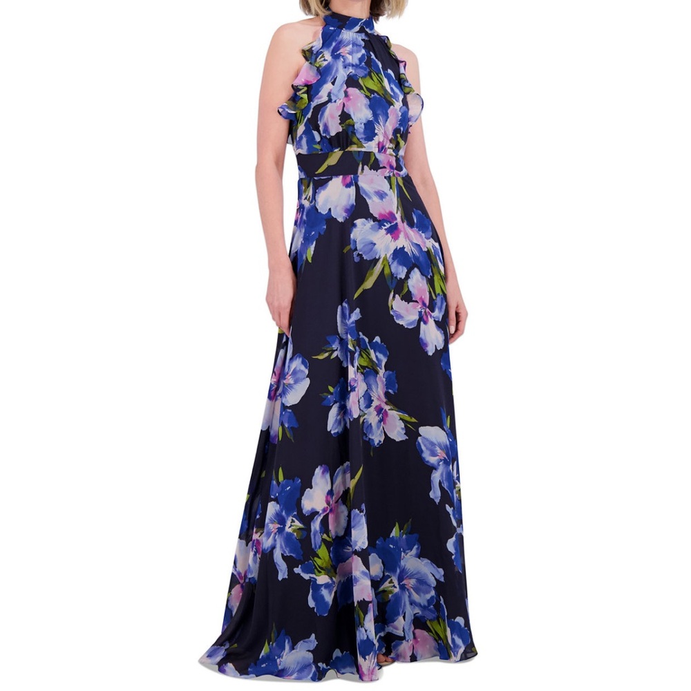 Eliza J. Floral Chiffon Ruffled Halter Maxi Dress